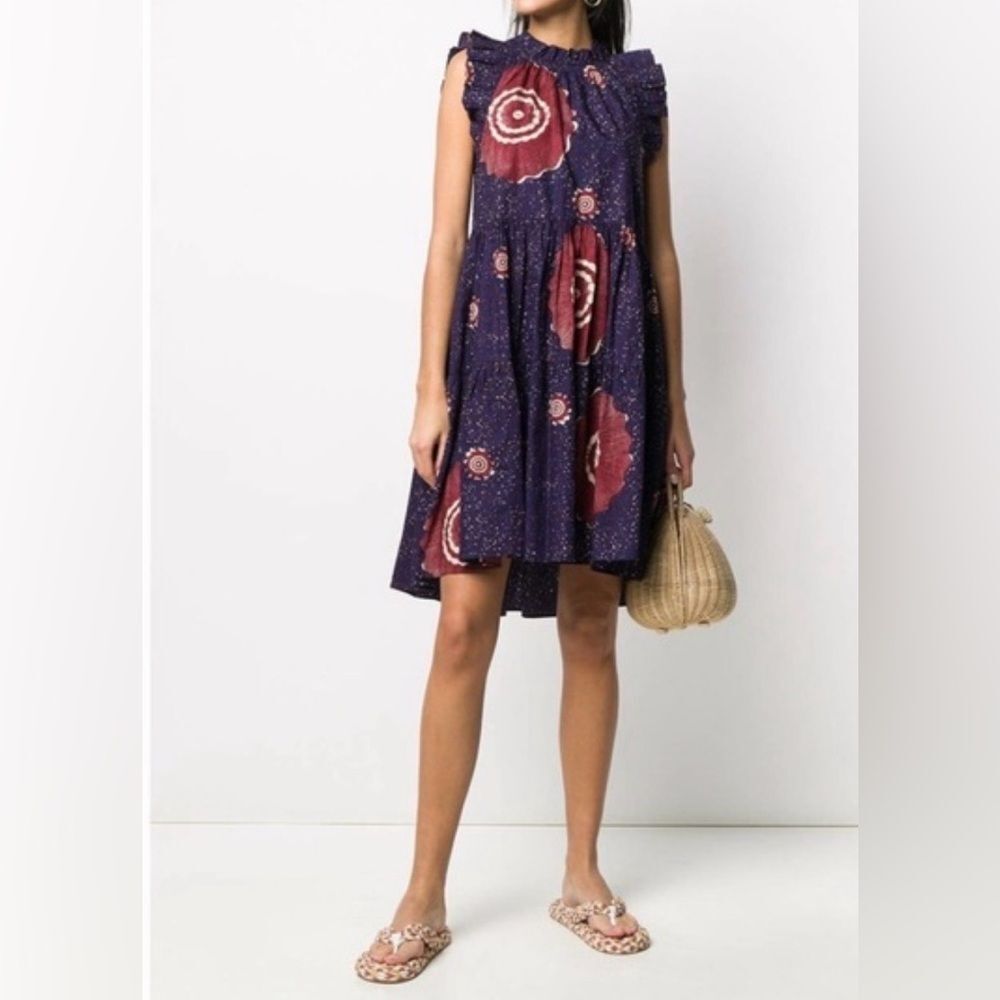 ULLA JOHNSON Tasmin Mini Dress Midnight Blue Tiered Ruffle US 10 Excellent